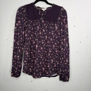 Mason & Belle MED Plum Floral Button Blouse Long Sleeve Boho Peasant Top Cottage